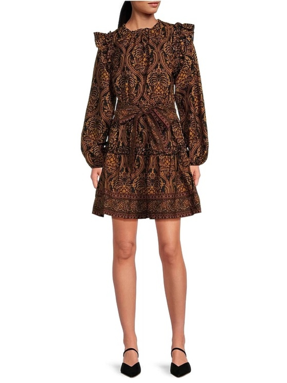 A Loves A Paisley Ruffle Mini Dress XS Navy/Gold Boho Long Sleeve NWT